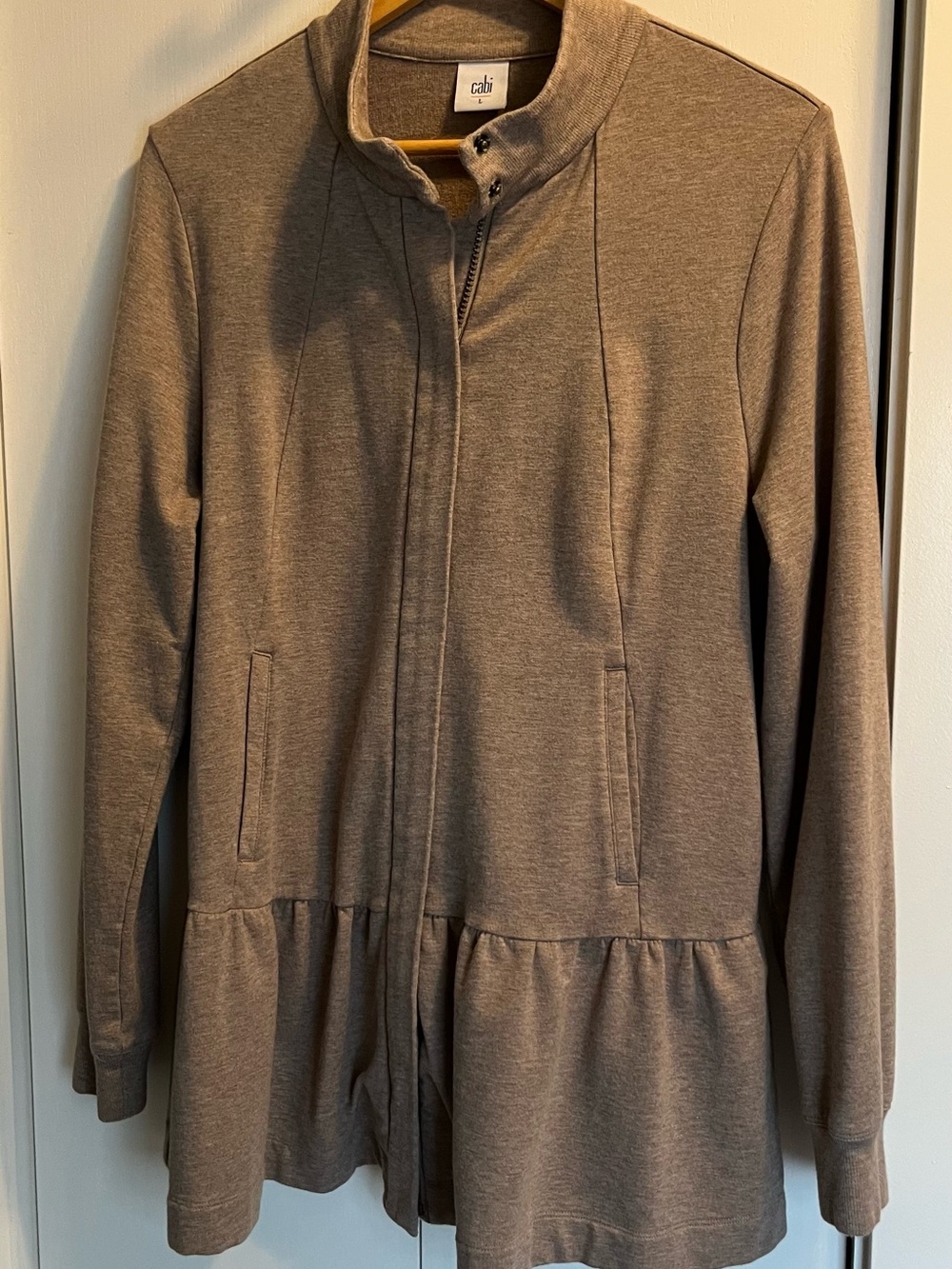CAbi Taupe Zip-Front Peplum Utility Jacket